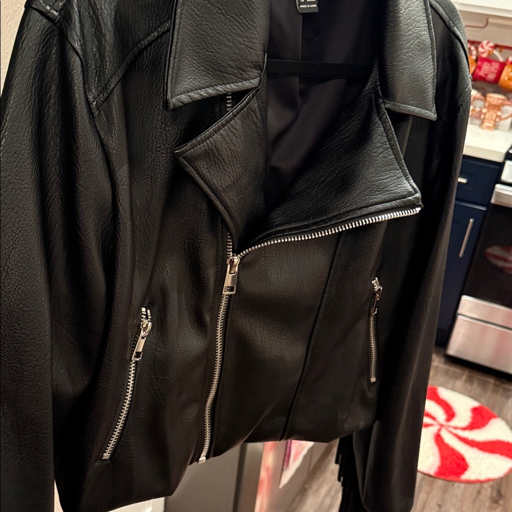 Forever 21 Black Leather Cowboy Jacket with Fringe and Silver Accents